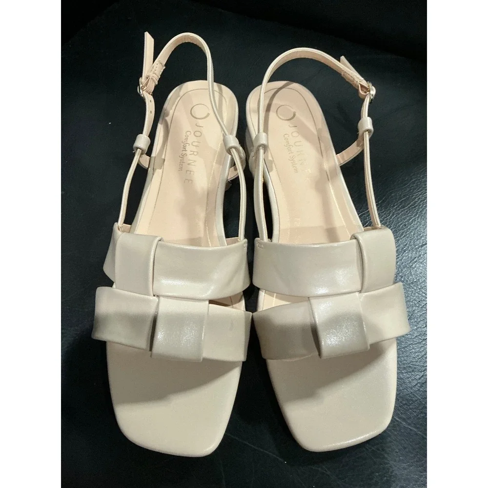 Journee‎ Tabatha Sandals Womens 8 Nude Block Heel Slingback Knot Square
